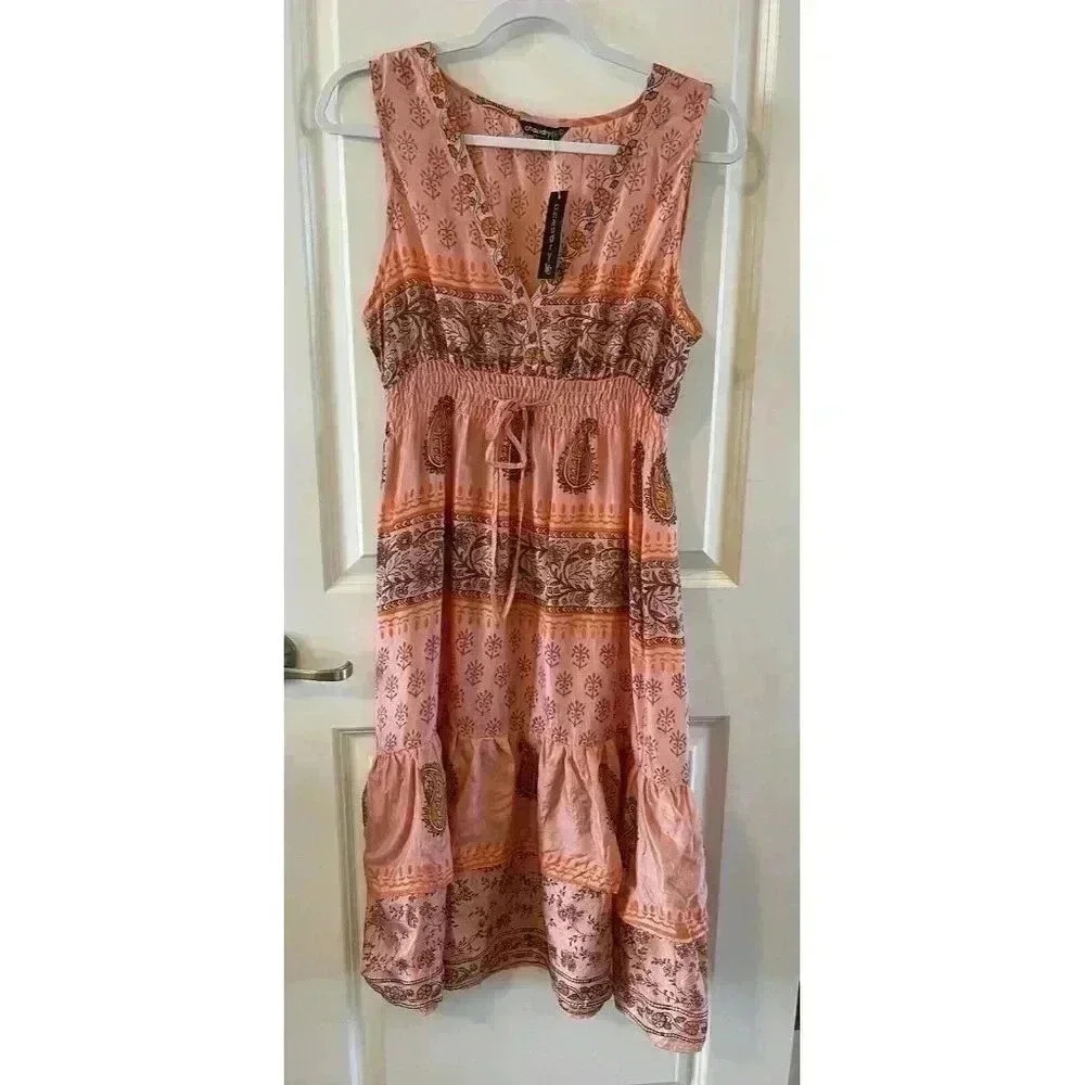 NWT Chaudry KC Size Large 100% Silk Coral Ruffle Floral Knee Length Boho Peasant